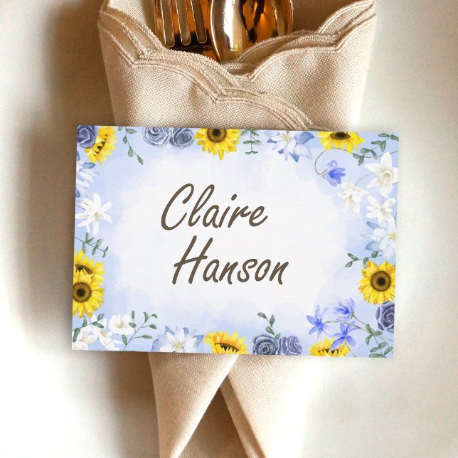 Girassóis, Rosa Azul Dusty Nome Cartão de Lugar (dusty blue roses and yellow sunflowers wedding place cards, name reserved labels)