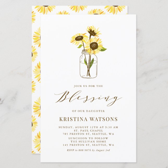 Girassol Amarelo em Mason Jar Baby Blessing Invite (Frente/Verso)