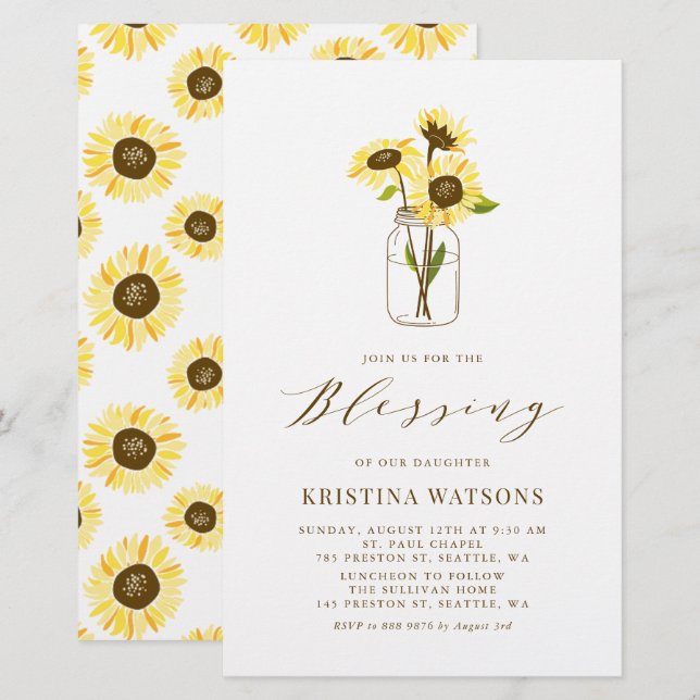 Girassol Amarelo em Mason Jar Baby Blessing Invite (Frente/Verso)