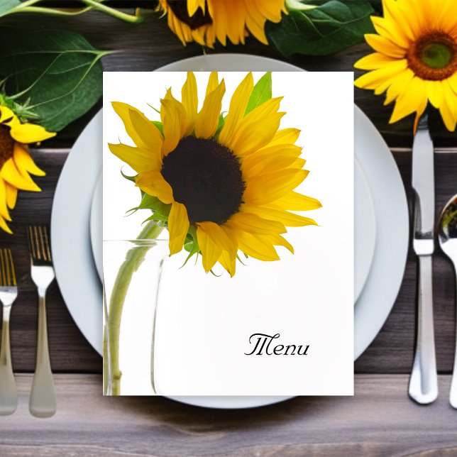 Girassol Amarelo no Menu Casamento Branco (Set a cheerful table at your celebration event with the pretty Sunflower on White Wedding Menu.)