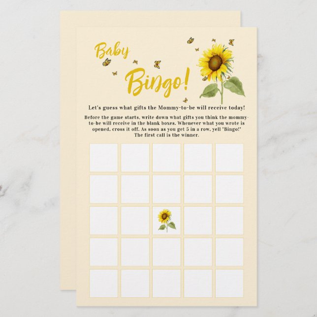 Girassol com Borboletas Bebê Bingo Folheto (Frente/Verso)