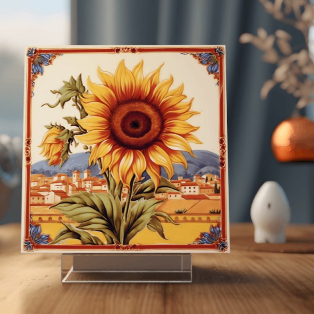 Girassol do Mediterrâneo (Image depicts a ceramic tile with an illustration of a sunflower in a Mediterranean setting)