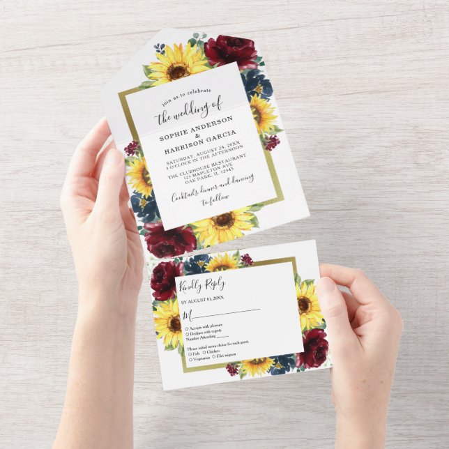 Girassol e Rosas Borgonha Marinho Azul Casamento (Aba destacável)