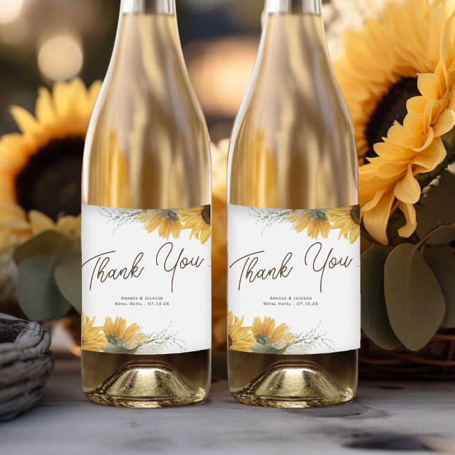 Girassol elegante, favor do casamento outono (Sunflower thank you wine labels, for rustic wedding reception.)