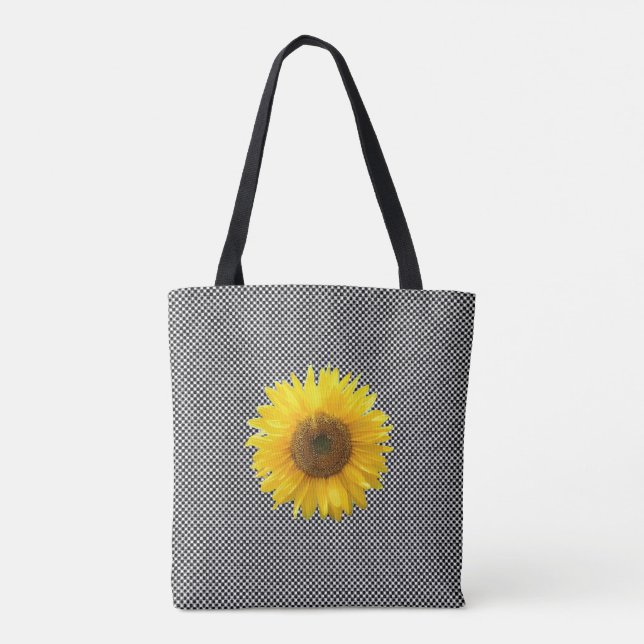 Girassol em bolsa tote com padrão de xadrez preto  (Verso)
