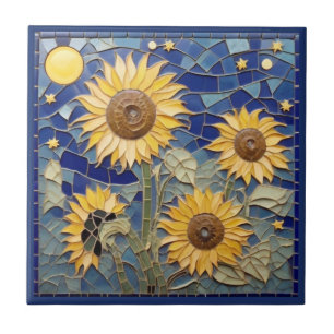 Girassol Faux Mosaico Amarelo Sol Marinho Azul