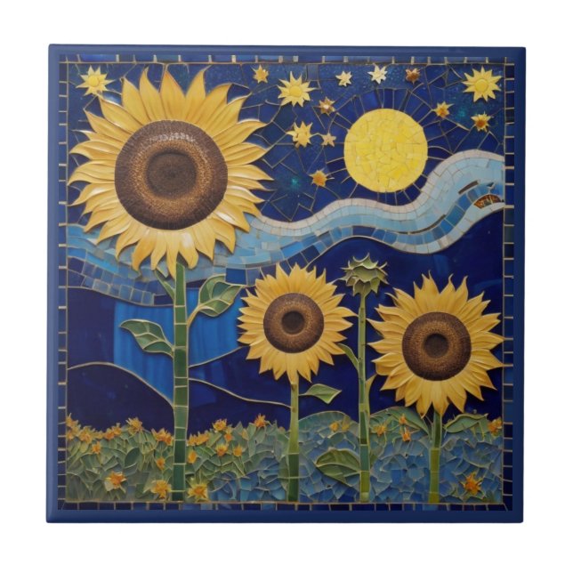 Girassol Faux Mosaico Amarelo Sol Marinho Azul (Frente)