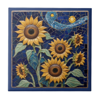 Girassol Faux Mosaico Amarelo Sol Marinho Azul