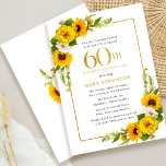 Girassol russo 60º Convite de aniversário<br><div class="desc">Bonito convite de aniversário floral amarelo de girassol 60º. Peônias amarelas e margaridas brancas se misturam com os girassóis. Um quadro retangular de ouro lhe dá uma vibração elegante. A 60ª Celebração de Aniversário e o nome do celebrante estão escritos em ouro. Muito fácil de personalizar. Essa parte de trás...</div>
