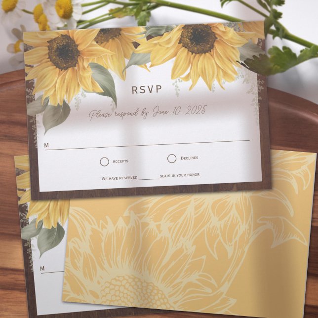 Girassol Russo Elegante, Casamento outono (rustic wedding RSVP cards, adorned with vibrant yellow watercolor sunflowers. )