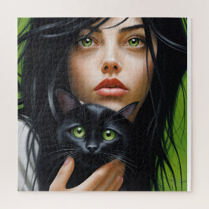 GIRL BLACK CAT JIGSAW QUEBRA-CABEÇA