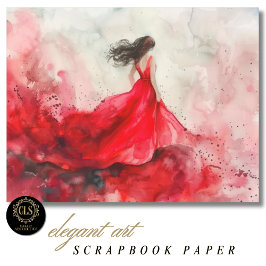 Girl in Red Dress Watercolor Art Scrapbook Paper