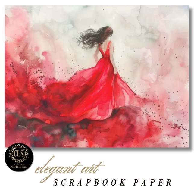 Girl in Red Dress Watercolor Art Scrapbook Paper (Scrapbook Paper – Watercolor Girl in Red)