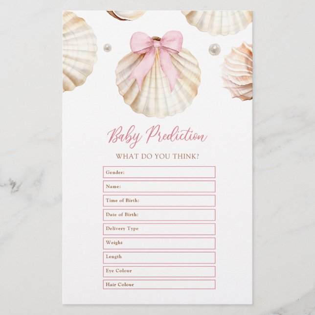 Girl Pink Bow Shell Baby Shower Baby Predictions  (Frente)