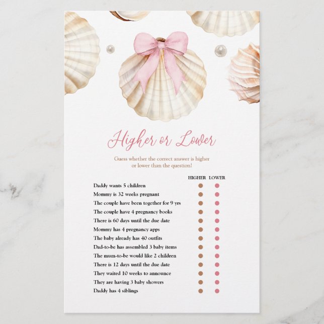 Girl Pink Bow Shell Baby Shower Higher or Lower  (Frente)