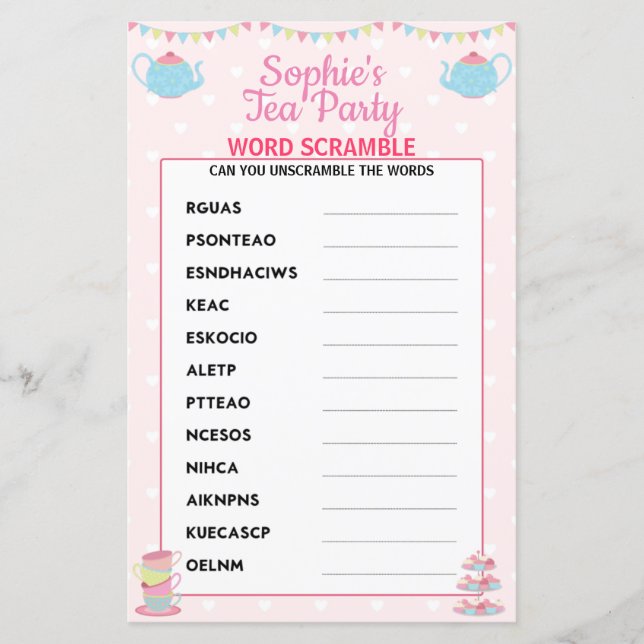 Girls Birthday Tea Party Word Scramble (Frente)