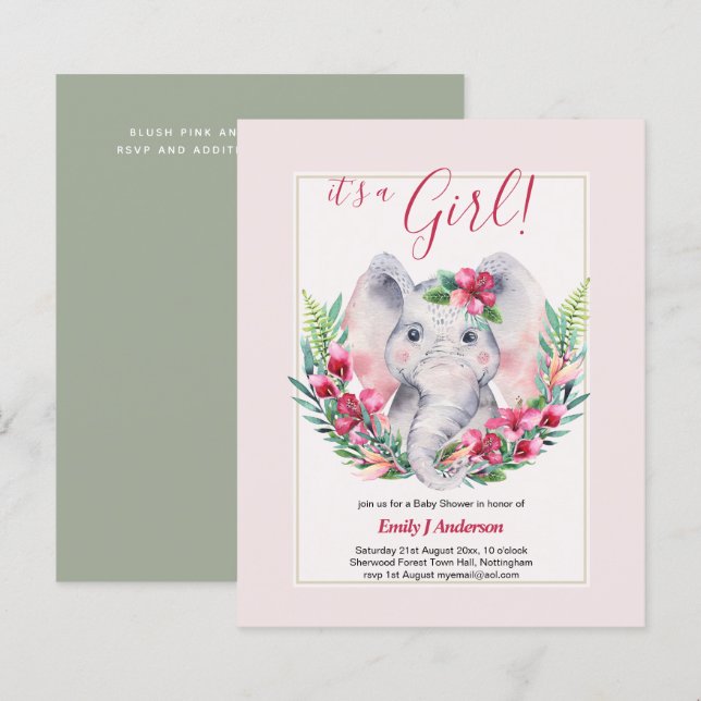 GIRLS Elephant Flowers Chá de fraldas GENDER REVEA (Frente/Verso)