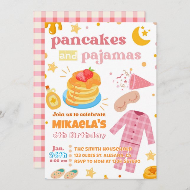 Girls Pancakes e Pajamas Convite de Aniversário (Frente/Verso)