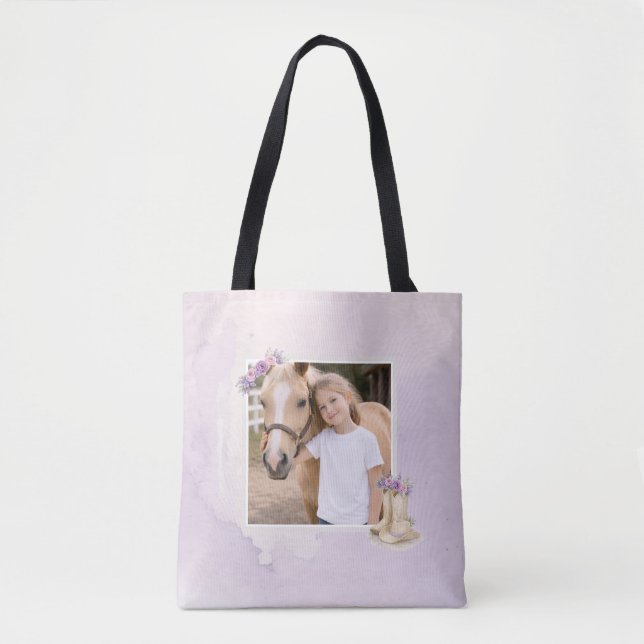 Girls Purple Floral Horse Tote Bag (Frente)