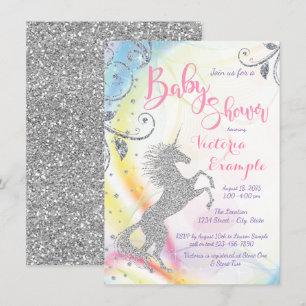 Girls Silver Unicorn Baby Shower Convites