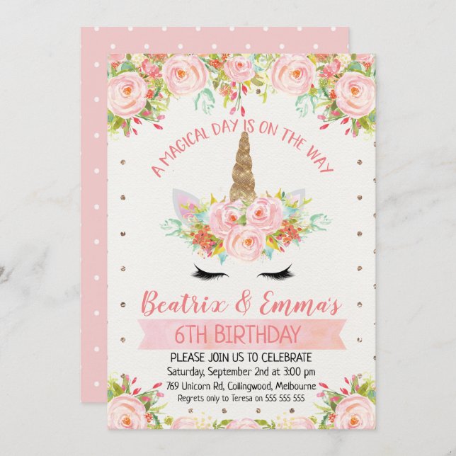 Girls Twins Ou Convite De Aniversário Misto Do Uni (Frente/Verso)