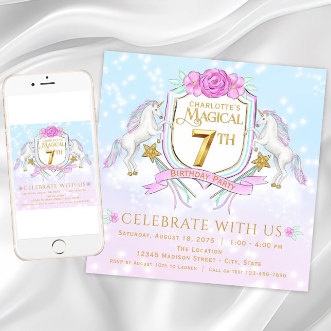Girls Unicorn 7 Convites de festas de aniversários (Pretty unicorn 7th birthday party invitation. Download and printed invitations available.)