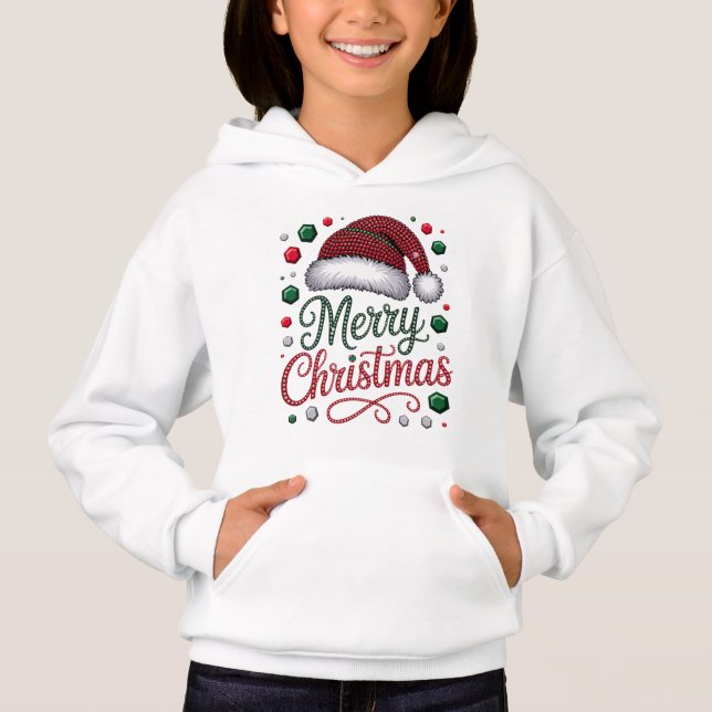 Girls’ White Pullover Hoodie with Santa Claus Desi (Frente)