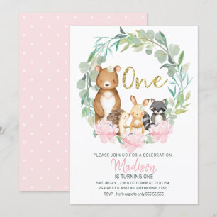 Girls Woodland Wreath Primeiro Convite de Aniversá
