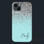 Girly Aqua Blue Silver Monograma<br><div class="desc">Girly Aqua Blue - Silver Faux Sparkle e Derrubando o nome do monograma de metal escovado com brilho e telefone inicial. Isto faz o doce e perfeito aniversário de 16 anos, casamento, chá de panela, aniversário, chá de fraldas ou festa de solteira presente para alguém que ama luxo de luxo...</div>