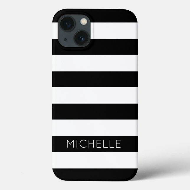 Girly Black White Stripes Nome Personalizado Monog (Verso)