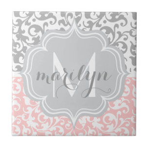 Girly Damask Swirls Rosa e Cinzas Monogramadas