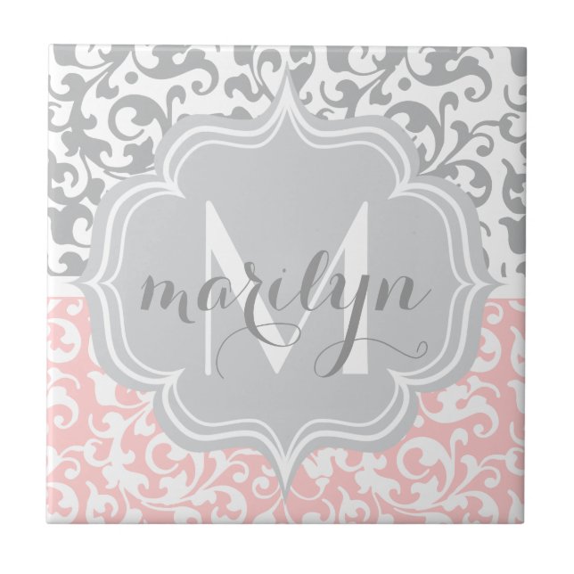 Girly Damask Swirls Rosa e Cinzas Monogramadas (Frente)