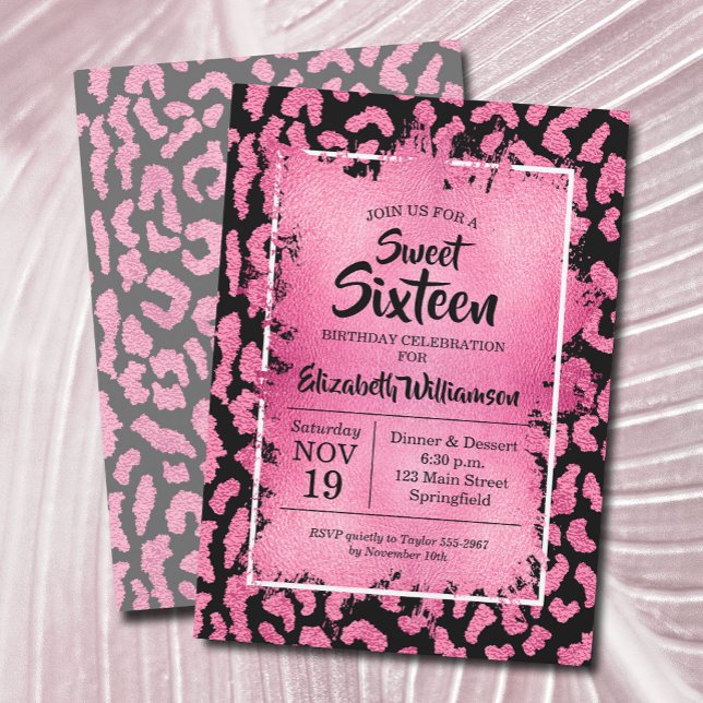 Girly Leopard Convites de festas de aniversários (Pink and black leopard sweet 16th birthday party invitations, PRINTED and/or INSTANT DOWNLOAD)