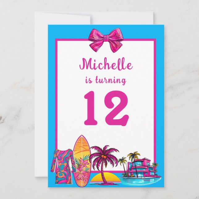 Girly Malibu Beach - Retro Birthday Convite (Frente)