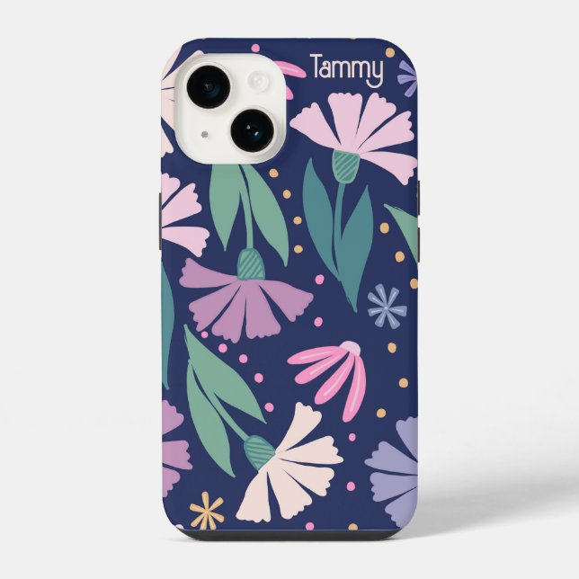 Girly Modern Pink Flowers capas de iphone Marinho  (Verso)