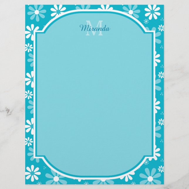 Girly Monogramas Turquoise Daisy Flowers Com Nome (Frente)