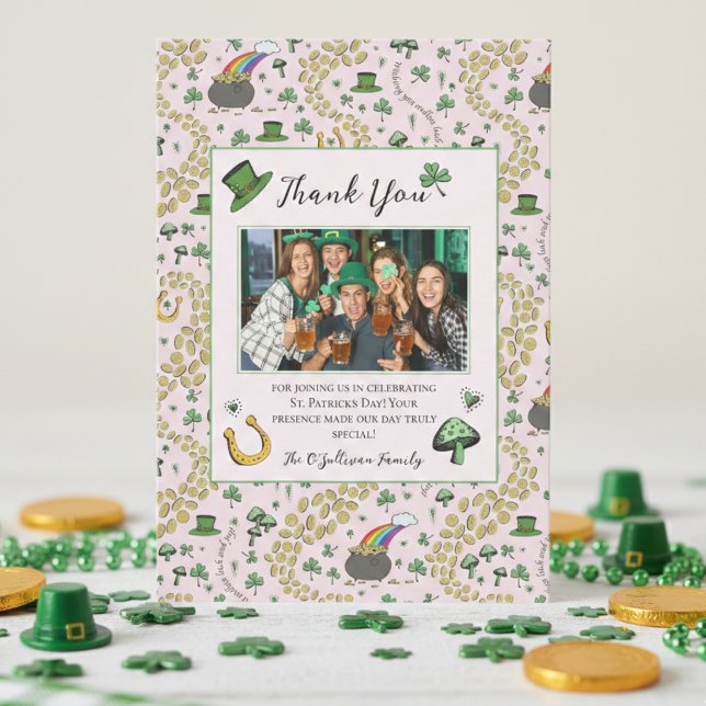 Girly Pink St Patricks Cartões de agradecimentos I (Fun St Patrick's Day Party Thank You Cards. Irish Shamrock Green Clover Horseshoe Gold Coins Rainbow)