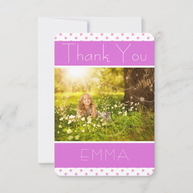 Girly Pink Stars Obrigado Cartão com fotos de aniv (Frente)
