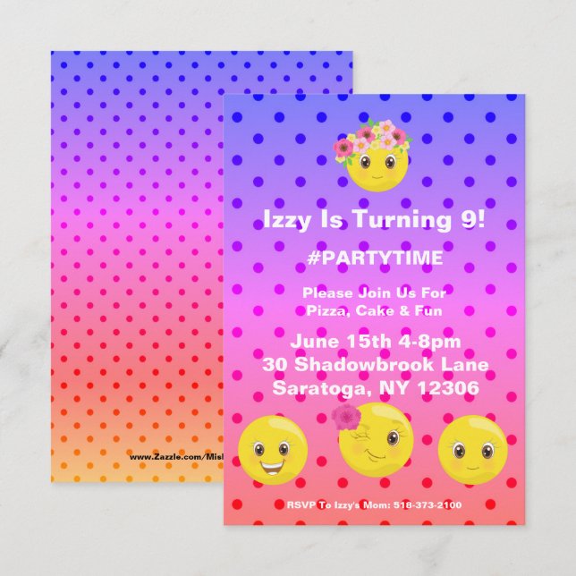 Girly Polkadot Emoji Aniversário Convite (Frente/Verso)