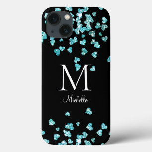 Girly Turquoise Glitter Hearts Monograma