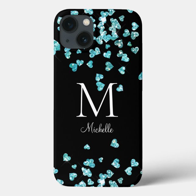 Girly Turquoise Glitter Hearts Monograma (Verso)