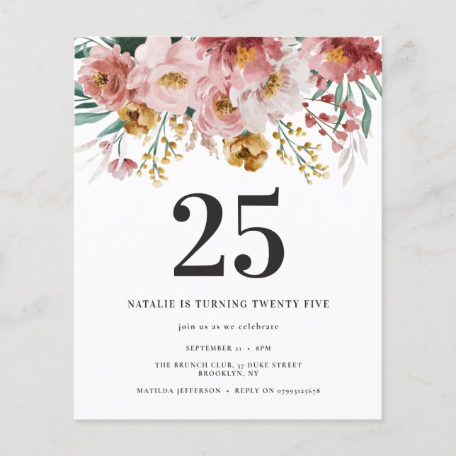 Girly watercolor floral, aniversário de idade edit (Frente)