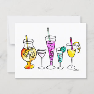 Girly Watercolor Summer Cocktails Cartões de Nota 