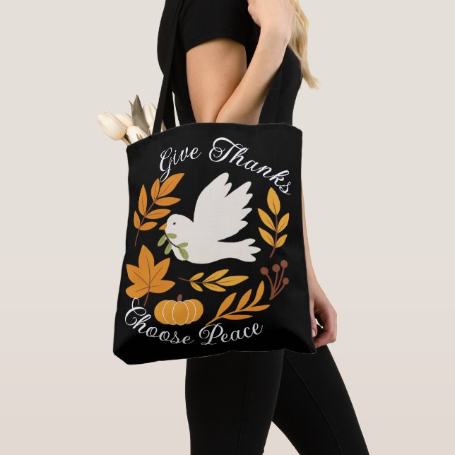 'Give Thanks, Choose Peace' Shoulder Tote (Close Up)