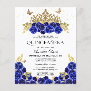 Glam Azul Floral Dourada Tiara Quinceanera