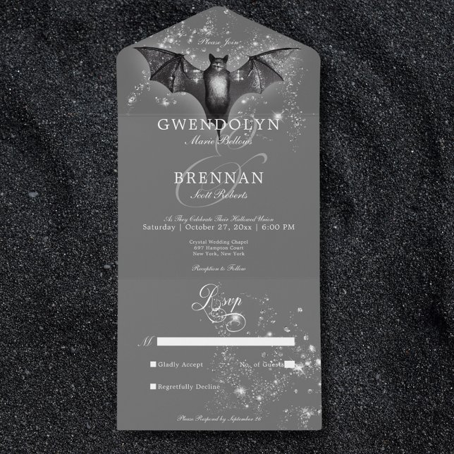 Glam Bat e Diamantes do Dia das Bruxas Escuro Sem  (Dark Halloween Glam Bat & Diamonds No Dinner All In One Invitation)