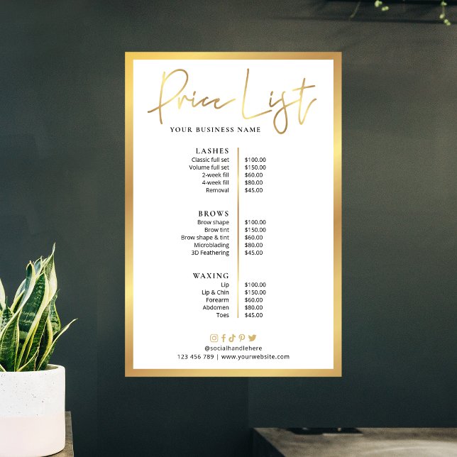 Glam Beauhes Faux Faux Dourada Price List Poster (Elegant faux gold and white price list of services poster)