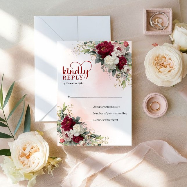 Glam Boho Vermelho e Branco Floral Dourado RSVP de (Glam Boho Red and White Floral Gold Wedding RSVP)