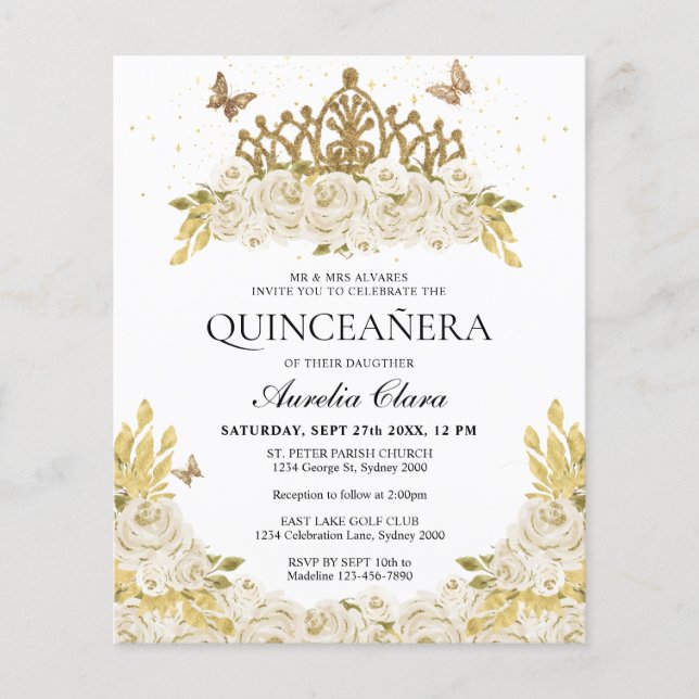Glam Branco Floral Dourada Tiara Quinceanera (Frente)