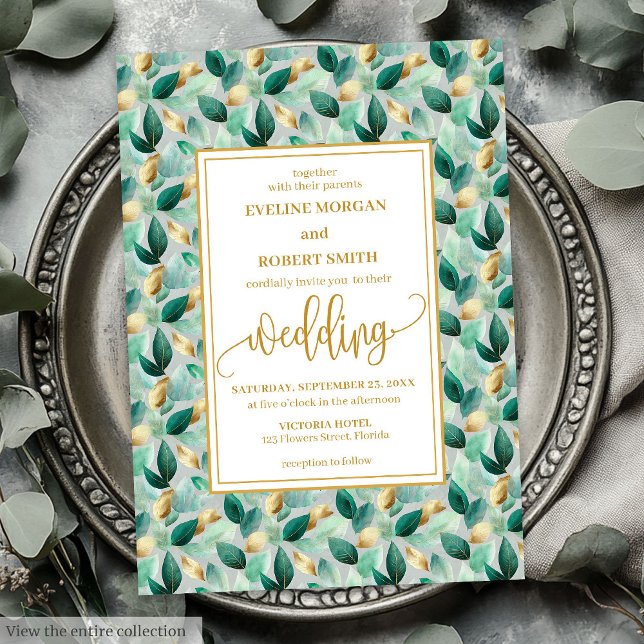 Glam Deep Green Dourada deixa convite para casamen (Glam Deep Green Gold Leaves Wedding Invitation)